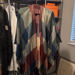Multicolor Plaid Poncho with Fringe